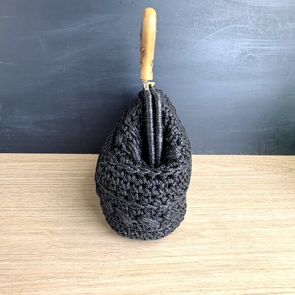 Black raffia woven handbag with wooden handle - made in Italy - vintage - Picture 2 of 11